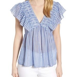 Lucky Brand, Blue & White Striped Flutter Top, S